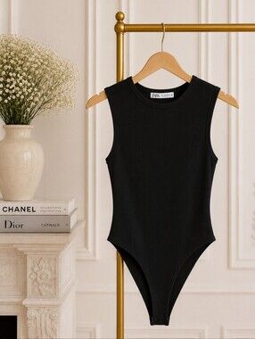 Zara Black Ribbed Sleeveless Bodysuit | Crew Neck Stretch Basic Top